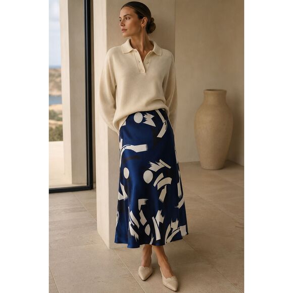 Ralph Lauren Black Label Dresses & Skirts - Ralph Lauren Black Label Silk Abstract Print Bias Midi Skirt – Navy & Ivory Sz 6